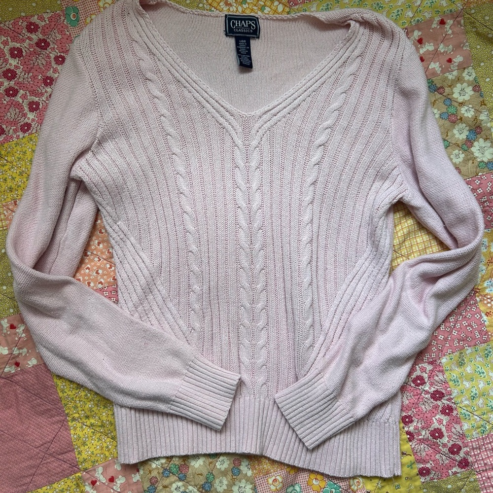 Chaps Pink V-Neck Cable Knit Sweater